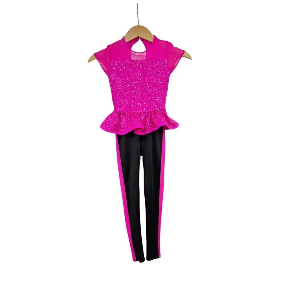 Weissman Hot Pink Black Sequin Dance Costume Solo Competition Child Small
